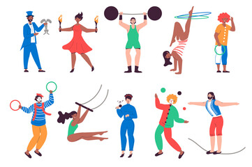 Poster - People work in circus set in flat design. Men and women performing as jugglers, acrobats, clowns, magician and other staff. Bundle of diverse characters. Illustration isolated persons for web