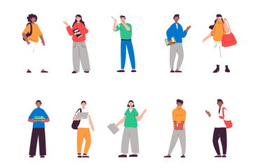 Aufkleber - Students people set in flat design. Happy young women and men with backpack and books studying at university. Bundle of diverse multiracial characters. Illustration isolated persons for web