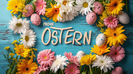 Wall Mural - Happy Easter in german. Pink Gerberas and Speckled Easter Eggs on Blue Background. Colorful Easter Arrangement with Flowers and Eggs. Floral spring wallpaper background