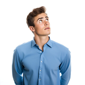 Man confused looking up, white background