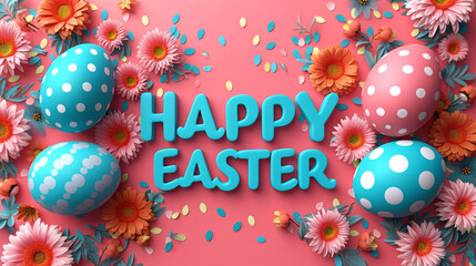 Sticker - Colorful Easter Arrangement with Flowers and Eggs. Floral spring wallpaper background in red blue color.