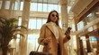 © inthasone - Portrait of a Businesswoman Wearing a beige coat, holding a smartphone with luggage doing check-in at the modern hotel lobby, Work-related business trip