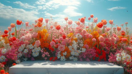 Poster - A white empty table surrounded by colorful flowers is set against a clear blue sky.