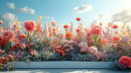 Poster - A vibrant field of flowers set against a clear blue sky, copy space