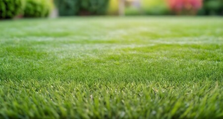 Green lawn with fresh grass outdoors. Mowed lawn with a blurred background of a well-groomed area on a sunny day.