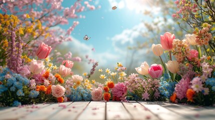 Poster - A wooden floor adorned with colorful flowers, while a bee hovers in the clear blue sky above.