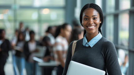 Sticker - young woman with a laptop, standing in a classroom filled with students