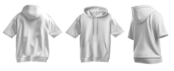 Wall Mural - Set of white front back side view tee short sleeve hoodie hoody sweatshirt on transparent background cutout, PNG file. Mockup template for artwork graphic design	
