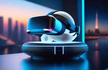 Poster - Presenting VR headset, technology. Virtual reality goggles, wireless futuristic glasses