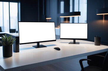 Poster - Two desktop computers, screens mockups, monitors mock ups on wood table in office