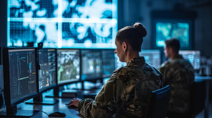 Wall Mural - military personnel is focused on monitoring multiple computer screens in a high-tech surveillance room with global maps and data on the screens