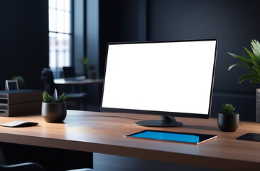 Desktop computer screen mockup on wooden table in office, perspective view.