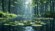 A tranquil forest pond surrounded by towering trees and vibrant green foliage, with lily pads floating on the surface and frogs croaking in the distance. 