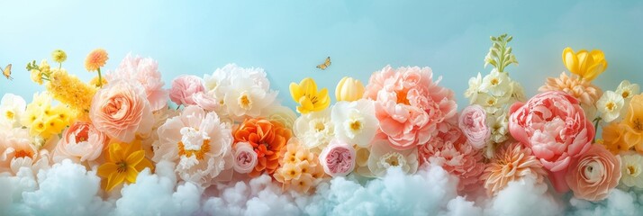 Poster - Blooming Garden of Roses in Soft Morning Light . Floral spring wallpaper background