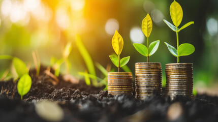 Wall Mural - Stacks of coins with green sprouts on top. Different levels of coins. Finance, business concept. Money growth.