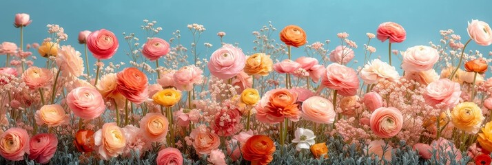 Aufkleber - A group of colorful ranunculus  flowers blossoming in the grass under the suns rays.p