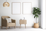 Fototapeta  - Empty picture frame made of wood Hang on the wall of the living room 3d render, near the window with white curtains. Decorated with a brown armchair, a modern wooden cabinet and potted plants