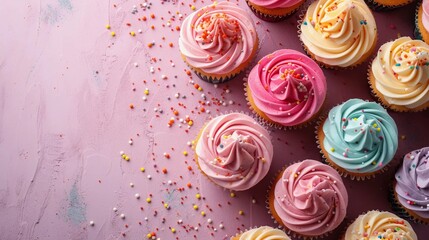 Birthday cupcakes on a pink background with space for text