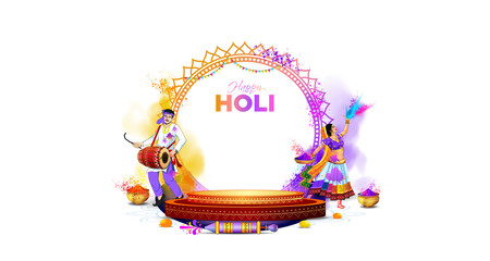 Sticker - Holi festival celebration background with podium stage and product display stand design. Indian traditional festival color splash, fun, dance and music party background.