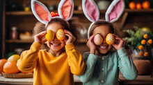 Two Joyful Children Are Wearing Bunny Ears And Holding Decorated Easter Eggs Up To Their Eyes Like Glasses, With A Rustic Kitchen Setting In The Background.