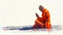Generative Illustration. Praying Monk In Watercolor Style