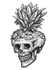 Wall Mural - Human skull engraving. Skeleton head pineapple. Hand drawn sketch vintage illustration