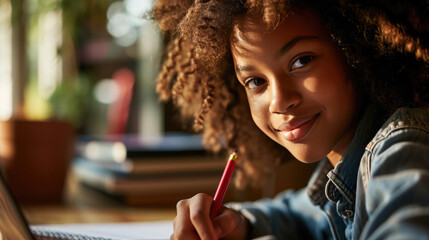 Wall Mural - Young girl is smiling at the camera while holding a pencil, sitting at a table with a laptop, engaged in a learning activity or homework.