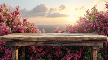 Poster - spring garden background with empty wooden  table top in front for product promotion, sunlight soft background
