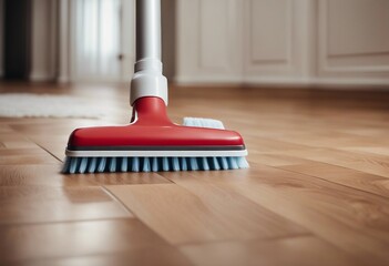 Floor cleaning with mob and cleanser foam Cleaning tools on parquet floor