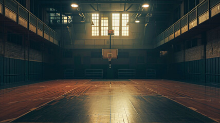 an old basketball gymnasium in dramatic floodlighting. a college or university gymnasium. Generative AI