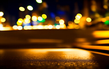 Wall Mural - Background of night street with bokeh blurred light car and street lamps. Abstract backdrop of defocused lights at cityscape, city life. Concept of stylish urban backgrounds for design. Copy space