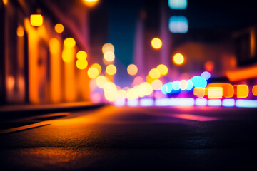 Wall Mural - Colorful backdrop of night street with bokeh blurred light cars and street lamps. Abstract background of defocused lights at city life. Concept of cityscape backgrounds for design. Copy text space