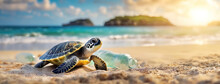 Sea Turtle Encounters A Plastic Bottle On A Sandy Beach At Sunrise. The Ocean's Marine Life Faces Human Pollution. World Environmental Education Day. Panorama With Copy Space.