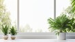 an empty desktop with ample free space, adorned with a lush green plant, and featuring a spring window flooding the area with natural light.