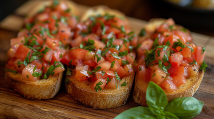 Shallow depth of field (selective focus) image with italian bruschetta. Generative AI.