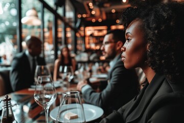 Wall Mural - Diverse colleagues dinner meeting lunch in office restaurant businessmen group cafeteria cafe discussion business fine dining corporate teamwork expensive tasty dish food coworkers cheering talking