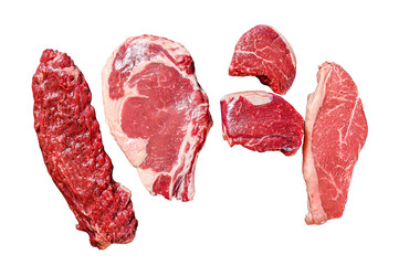 Wall Mural - Variety of raw black angus beef meat steaks fillet Mignon, ribeye, Striploin and skirt or machete. Isolated, Transparent background. 