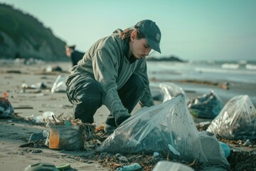 A person in casual attire diligently cleaning up litter on a beach.