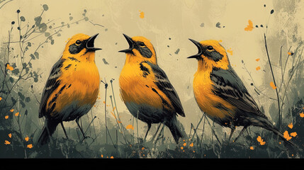 A drawing, which depicts the funny contours of birds, singing their melodies in the forest in the sp