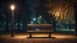 Lonely street lamp illuminating an empty bench in a deserted park at night, 4k, melancholic mood. generative AI