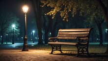 Lonely Street Lamp Illuminating An Empty Bench In A Deserted Park At Night, 4k, Melancholic Mood. Generative AI