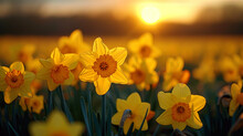 Bright Yellow Daffodils Dance In The Fields, Like Sunlight, Breaking Through The Winter Sh