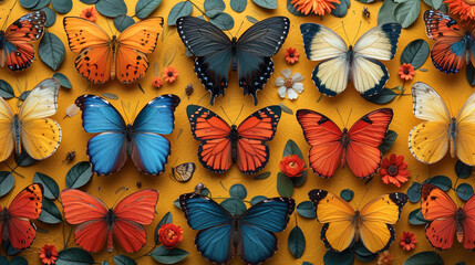 Wall Mural - Graphic representation with bright butterflies and living insects soaring around a variety of colo