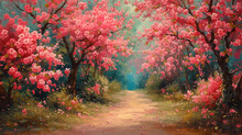 Painting With Saturated Colors, Depicting Spring Flowers, Blossoming On Trees And Bushe