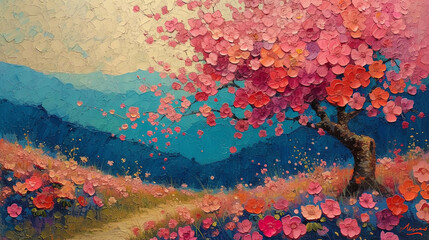 Wall Mural - Painting with saturated colors, depicting spring flowers, blossoming on trees and bus
