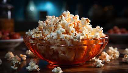 Poster - Gourmet snack bowl, watching movie, indulgence in sweet caramel generated by AI