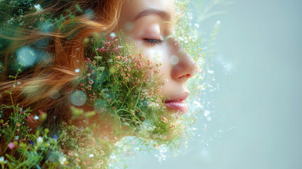Wall Mural - The graphic representation of the nose, inhaling smells of flowers, grass and other spring arom