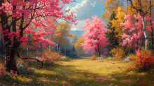 The Picture, Where A Bright Palette Of Spring Shades, Blooming Trees And Shrubs Is Express