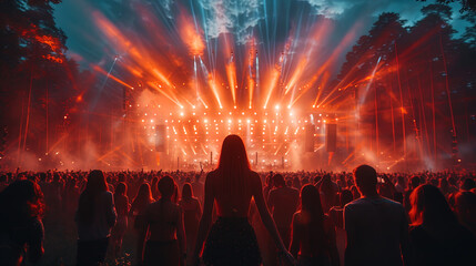 Photo of the music festival with bright lights of the stage and an enthusiastic c