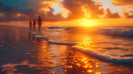 Portrait of a happy family spending time on the beach in sunset ra